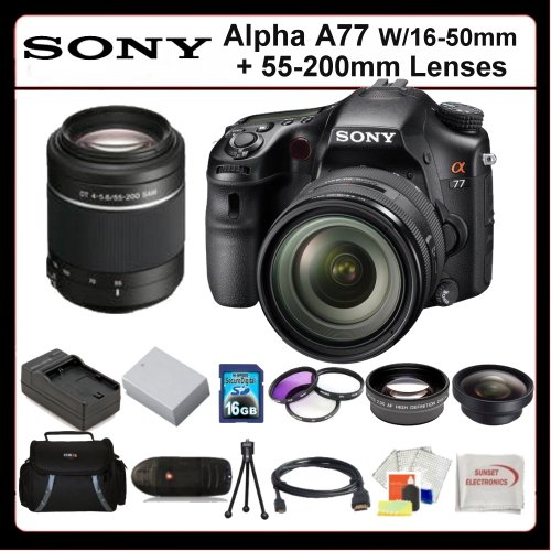 Sony Alpha A77 Kit Includes: Sony Alpha A77 Digital Camera with 16-50mm and 55-200mm Lenses, 2x Telephoto Lens, 0.45x Wide Angle Lens, 16GB SDHC Memory Card, Memory Card Reader, 3 Piece Filter Kit (UV-CPL-FLD), Extended Life Battery, Rapid Travel Charger, HDMI Cable, LCD Screen Protectors, Table Top Tripod SSE Microfiber Cleaning Cloth and Soft Carrying Case