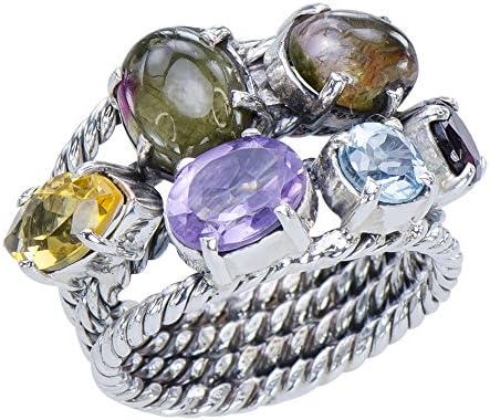 Rocky Candy Mosaic Cascade Fall Rainbow Multi-Gemstone 925 Sterling Silver Ring