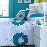 Summer Floral Teal Appliqué Flower King Size White Duvet Quilt Cover Bedding Set