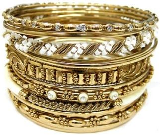 C Jewelry Gold-Ivory White Seed Bead With Bone Stacked Bangles, Set Of 16 Pieces