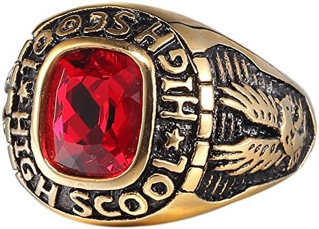 High School Silver Stainless Steel Graduation Band Eagle Ring, 18K Gold Plated