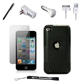 Black Matte Armor with Aero Breathe Design / Rubberized Silicone Gel Skin with Hard Shell Cover Case for New Apple iPod Touch 4 ( 4th Generation 8GB 16GB 32GB ) + Includes a USB Travel Car Charger, a USB Home Charger and a USB Data Sync Cable + Includes Anti Glare Screen Protector Guard and a Graphic Designer Stylus Pen to Navigate Device