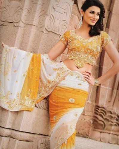 Bridal Off White Faux Georgette Wrap Dress Designer Saree Sari with Unstitched Blouse