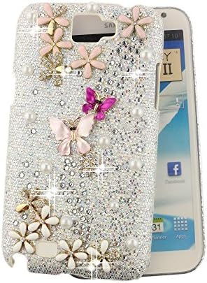 Ancerson Pink Hot Pink Butterfly Golden Plum Blossom Pink Flower White Flower Golden Blossom White Pearls 3D Handmade Luxury Bling Shining Glitter Crystal Diamond Rhinestones Silvery Glitter Hard Back Case Cover Free with a Red Stylus Touchscreen Pen, a 3.5mm Universal Crystal Diamond Rhinestones Bling Lovely Silvery Flower Blue Panda Pendant Dust Plug and a Cleaning Cloth (Samsung Galaxy Note II Note 2 N7100 N7102)