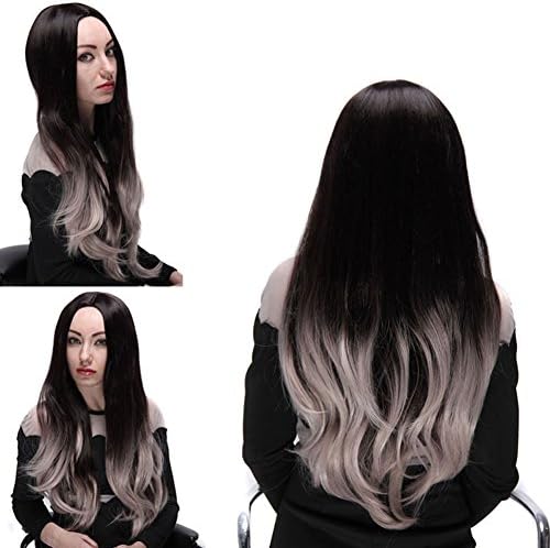 Daily Wear Sexy Women Natural Wave Hair Party Wig Long Synthetic Gradient Wigs Black Gray