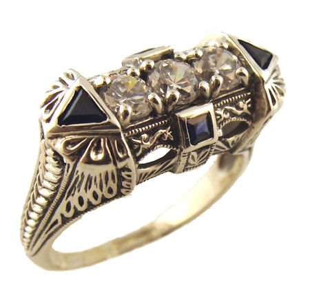 Art Deco Style Sterling Silver Filigree Cubic Zirconia & Sapphire Ring