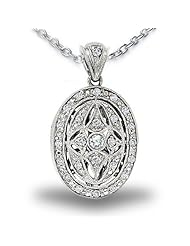 Sterling Silver Oval and CZ Locket 2/3 Inch x 3/4 Inch- Sterling Silver