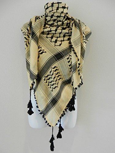 Tan Light Brown With Black Embroided Arab Shemagh Head Scarf Neck Wrap Cottton