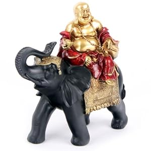D&eacute;co Zen & Feng Shui Bouddha sur son &eacute;l&eacute;phant en r&eacute;sine rouge