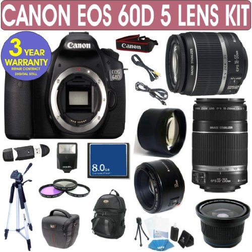 Canon EOS 60D + Canon 18-55mm Lens + Canon 55-250mm Lens + Canon 50mm Lens + .40x Fisheye Lens + 2x Telephoto Lens + 3 Year Celltime Warranty Repair Contract