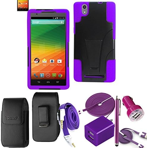 Purple Rugged Hybrid Kickstand Case for ZTE Zmax Z970. Hard Shell with Kickstand on the outside, Silicone Gel with bumpers on the inside and corners. Comes with Dual USB Car Charger, Dual USB 2.1 amp House Charger, 3ft Cable, 10ft Extra Long USB Cable, AUX Cord, Stylus Pen and Leather Vertical Carry Case that Fits your Phone with the Cover on it.