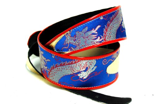 Jodi Head Wide Face Blue Dragon Silk Brocade with Black Adjustable Tail Guitar Strap