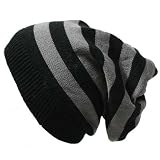 Black & Grey Striped Slouch Knit Beanie Hat & Neck Warmer