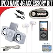 7 pc. Accessory kit for iPod Nano 4G. Includes White portable stereo speaker w/cable Car FM Transmitter w/power cable White Mini soft Earbuds Reusable Pre-Cut Screen Protector and a DBROTH Microfiber Cleaning Cloth
