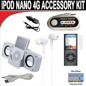 7 pc. Accessory kit for iPod Nano 4G. Includes White portable stereo speaker w/cable Car FM Transmitter w/power cable White Mini soft Earbuds Reusable Pre-Cut Screen Protector and a DBROTH Microfiber Cleaning Cloth