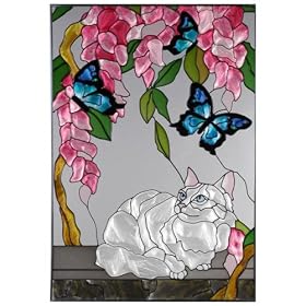 NEW Stained ART Glass Panel WHITE Kitten CAT Blue BUTTERFLIES Butterfly WINDOW