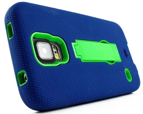 myLife Deep Navy Blue and Bright Spring Green - Shock Suit Survivor Series (Built in Kickstand + Easy Grip Silicone) 3 Piece + 2 Layer Case for NEW Galaxy S5 (5g) Smartphone By Samsung (External Flex Silicone Bumper Gel + Internal 2 Piece Rubberized Snap Fitted Armor Protector + Shock Absorbing Material)
