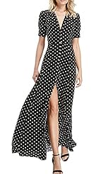 V-neck Slit Short Sleeves Chiffon Polka Dot Print Full Length  Dress