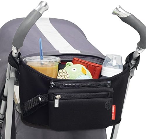 Stroller Organizer Bags Universal Fits All Cup Holder &amp; Baby Detachable Zippered Diaper Storage Pocket (Black)