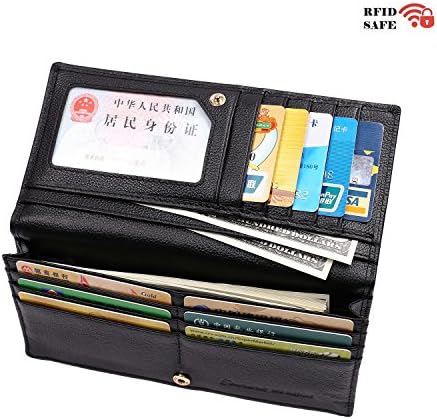 RFID Blocking Super Slim Wallet for Women, Pebbled Genuine Leather Secure Travel Clutch Change Zipper Pocket (Black)