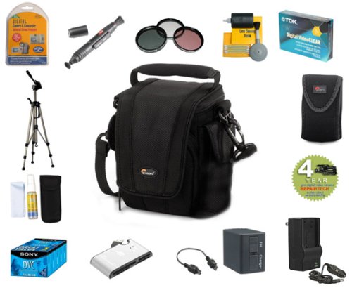 Sony DCR-HC28 Accessory Kit (Includes 4 Year Extended Warranty, Lowepro Carrying Case and Memory Card Wallet, High Capacity Battery and Charger, Memory Card Reader, 5 miniDV Tapes and Head Cleaner, 57in Tripod, 3-Piece Filter Kit, Universal Screen Protectors, Lens Cleaning Kit, and LCD Cleaning Kit with Microfiber Cloth)