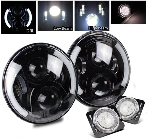 7 Inch Round CREE Black LED Projector Headlight and 5W 10pcs 3030 SMD Side Marker(Chrome White) for Jeep JK TJ LJ CJ