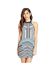 General Print Polyester/Spandex Halter Sleeveless Fitted Backless Bandage Dress/Party Dress 