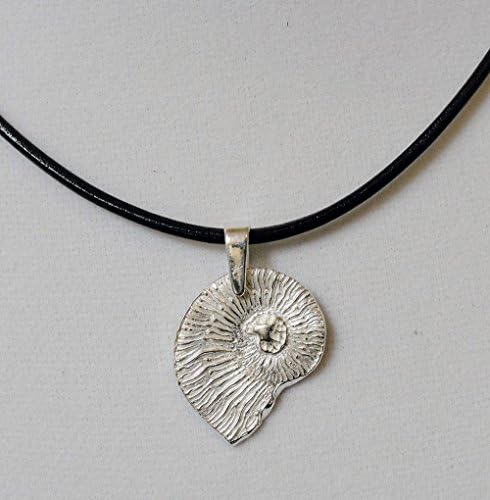 Silver Shell Beach Jewelry- Ammonite Fossil Fine Silver Pendant. Pure Silver Pendant on Leather Chain.