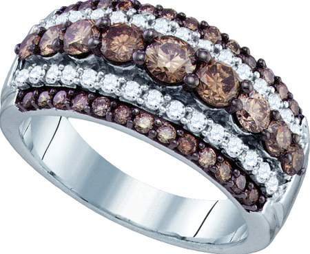 10k White Gold Ring 1.59 ct Rich Chocolate Diamond & White Striped design w/ Striking Brown Diamonds Accented at Center