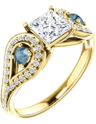 10K Yellow Gold Princess Cut White and Blue Diamond Ring -- LIFETIME WARRANTY