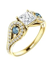 14K Yellow Gold Princess Cut White and Blue Diamond Ring -- LIFETIME WARRANTY