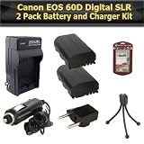 Canon EOS 60D Digital SLR 2 Pack Battery Kit Includes 2 Extended Replacement LP-E6 (2600 mAH) Battery + 2 Ac/Dc Rapid Travel Battery Charger + Mini Tripod + LCD Screen Protectors