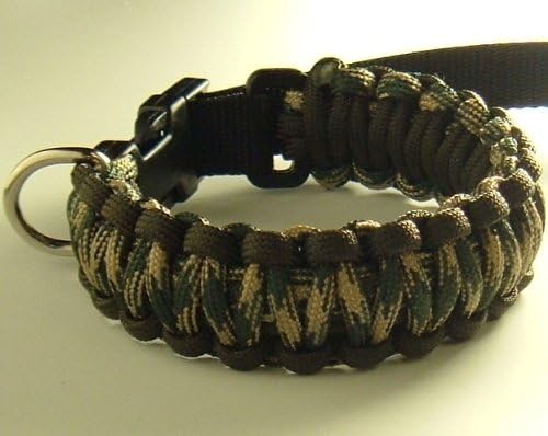 550 lb Paracord Survival Dog Collar-4 sizes (XXS, XS, S, M)-15+ Color Choices (Woodland Camo and Dark Brown, Medium (11.5"-13" Neck Size))