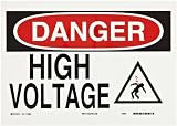 Brady 60580 14" Width x 10" Height B-302 Polyester, Black and Red on White Electrical Hazard Sign, Legend "High Voltage" (with Picto)