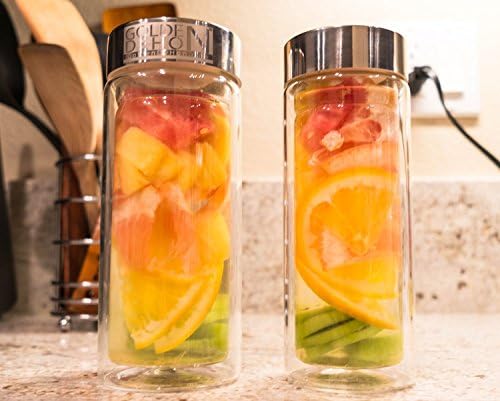 GD Basic Series: 12oz Double Wall Glass Tumbler/Mug with Removable Stainless Strainer and Spill-proof Silver Color Mirror Cap BPA free Perfect for Iced Tea, Icy Cold Drink or Hot Tea and Coffee