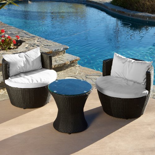 Pattaya 3pcs Outdoor Black Wicker Seating Chat Set w/ Sunbrella Cushions