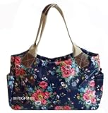 Gloss Finish Floral Pattern Navy Blue Tote Bag in Oil Cloth OilCloth Laminate Finish