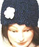 Hand Crocheted Light Navy 100% Rayon Chenille and Gimp Skull Cap for Women and Teens Trimmed with White Velvet Flower