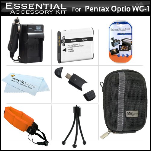 Best Price Essential Accessory Kit For Pentax Optio WG-1 Waterproof Digital Camera Includes Extended (1000Mah) Replacement D-LI92 Battery + Ac/Dc Rapid Travel Charger + Hard Case + STRAP FLOAT + USB 2.0 SD Card Reader + LCD Screen Protectors + More