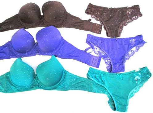 3 Women Sexy Lace Push up Bra w/ Matching Panty Lingeries Sets (36C, L) With Jewelry