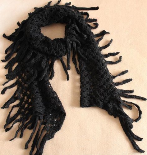 （サウス・ジュン）South JUN　マフラー　肩掛け　レース風　フリンジ（ブラック）