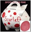 Piggy Bank, personalized polka dot piggy bank is perfect first baby gift or child's birthday gift, pink polka dots, comes with an inspirational poem, (click to see actual design)