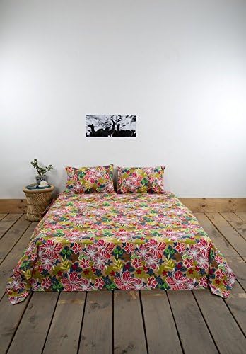 Hawaiian Floral Multicolor Double Bedsheet with Pillow Cover 100% Cotton 90x108 Color-yellow