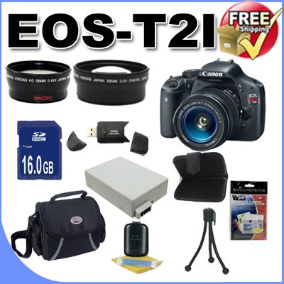 Canon EOS Rebel T2i 18 MP CMOS APS-C Digital SLR Camera with 3.0-Inch LCD and EF-S 18-55mm f/3.5-5.6 IS Lens +58mm 2x Telephoto lens + 58mm Wide Angle Lens (3 Lens Kit!!!!!!) W/ 16GB SDHC Deluxe Accessory Saver Kit