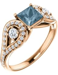 14K Rose Gold Princess Cut Blue and White Diamond Ring -- LIFETIME WARRANTY