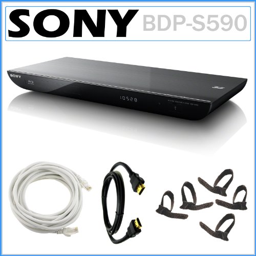 Sony BDP-S590 3D Blu-ray Disc Player with built-in Wi-Fi and iPhone/ iPad &amp; Android App Capable + 6ft HDMI Cable + 14ft CAT5e Network Cable + Velcro Cable Ties