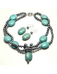 Hydia Double Strands Black Pearl & Blue Turquoise Necklace, Earrings Set