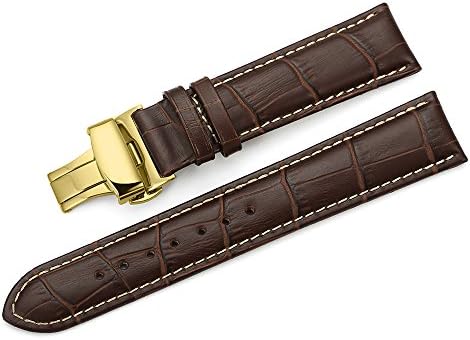 iStrap 24mm Calf Leather Watch Band Strap W/ Golden Tone Steel Push Button Deployment Buckle Brown