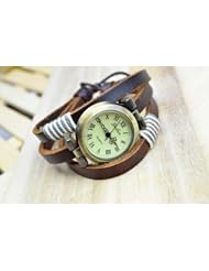 KANO BAK(TM)Brown 3 Circles Leather Fashion Vintage Retro Watch Women Man Rivet Wap Weave Bracelet Quartz Wristwatch Gif Watch