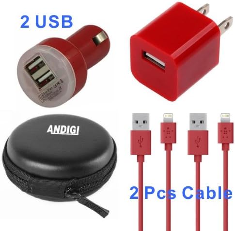 ANDIGI 4-in-1 Dual USB Car Charger + 2 USB Data Charging Cable + Wall Charger + Hard Case for IPhone 5 and 5s, iPad4 and Air
